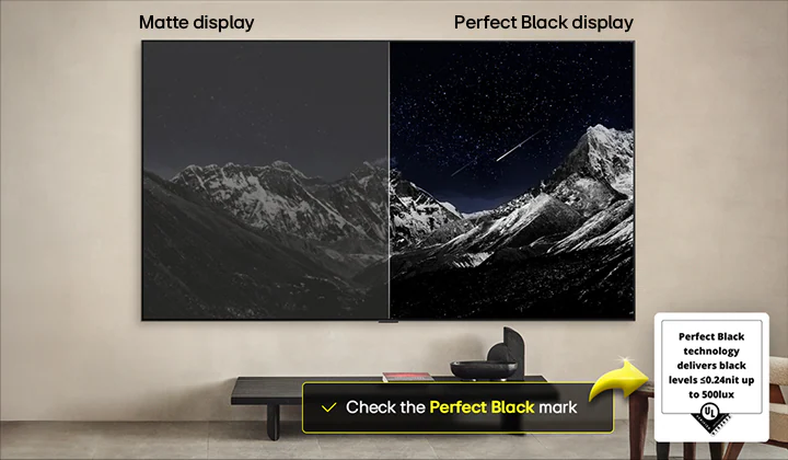 Сравнение матового дисплея и OLED с технологией &laquo;Идеальный чёрный&raquo; &mdash; горный пейзаж на фоне ночного неба, 0,24 нит до 500 лк