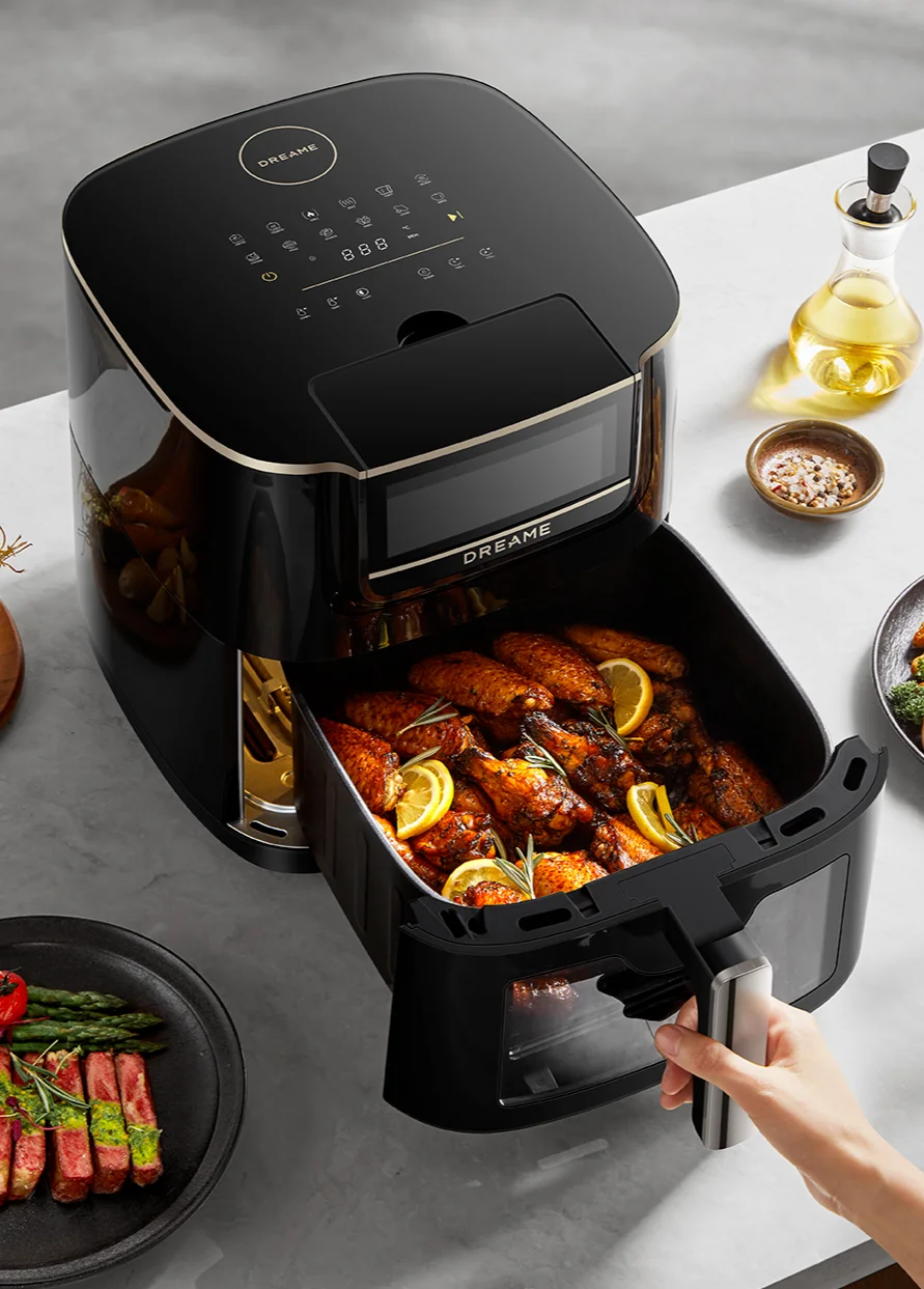 Dreame Tasti AF30 открытая корзина с куриными ножками и лимоном — вид сверху с дисплеем