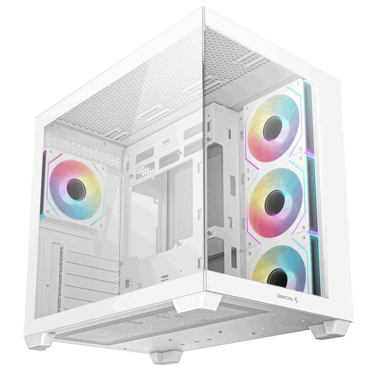 DeepCool CG530 4F вид спереди-справа — открытая стеклянная боковая панель и ARGB-вентиляторы
