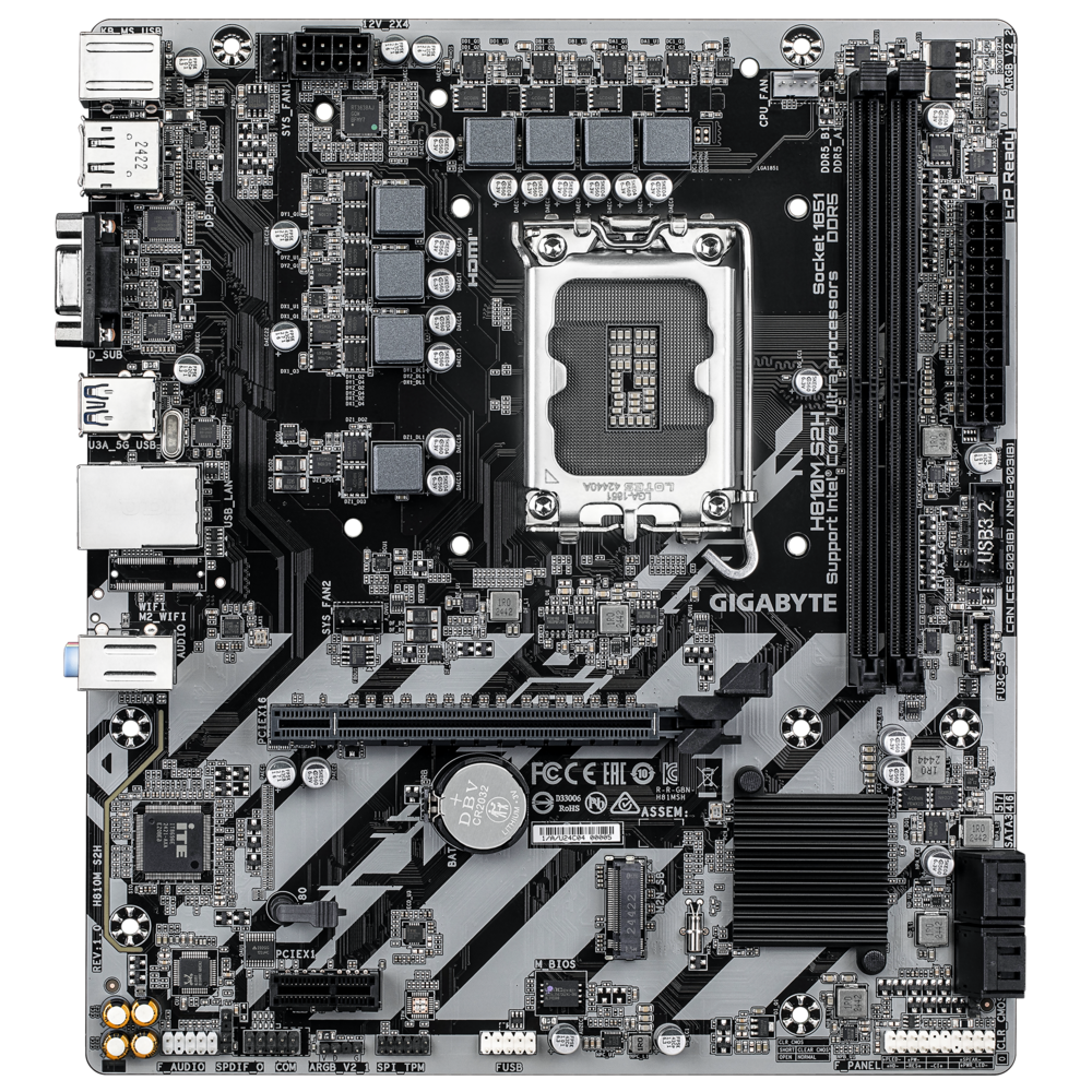 Gigabyte H810M S2H материнская плата mATX LGA 1851 вид сверху — слоты DDR5 и разъёмы