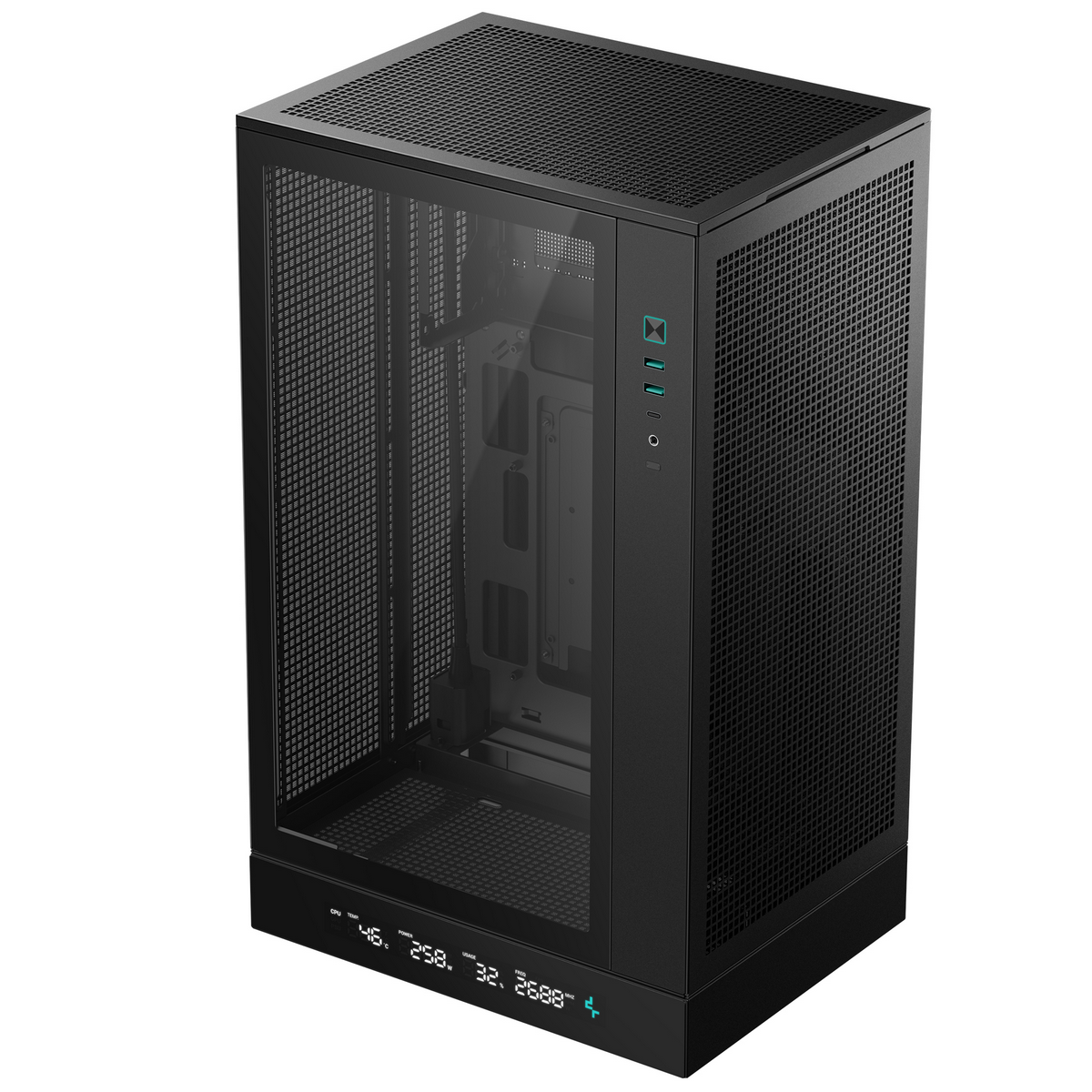 DeepCool CH270 DIGITAL вид сбоку — сетчатая фронтальная панель, боковое закалённое стекло, LCD-дисплей снизу