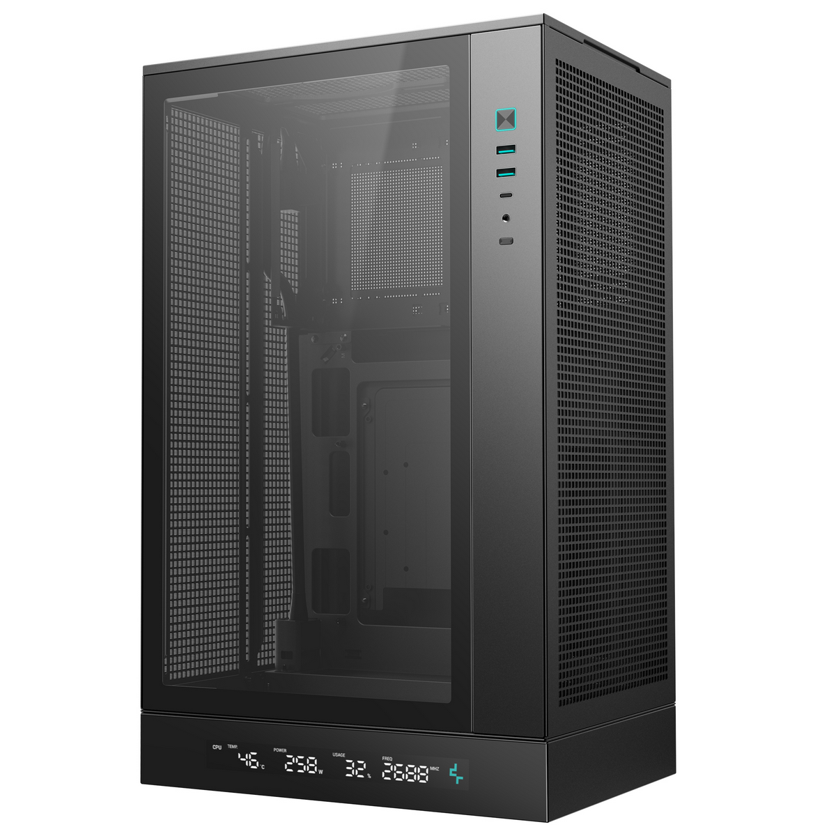 DeepCool CH270 DIGITAL — вид под углом, сетчатые вентиляционные панели, боковые порты подключения, LCD-дисплей с показателями температуры