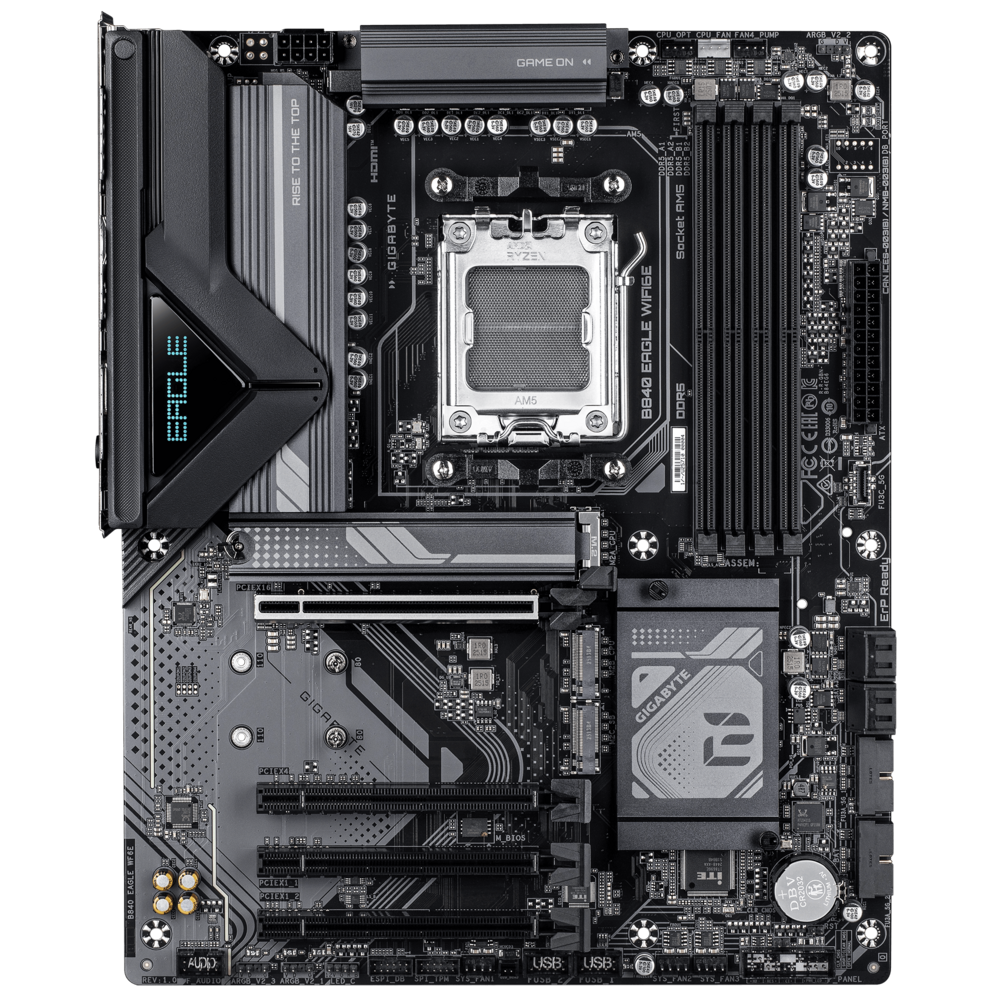 Gigabyte B840 Eagle Wifi6 вид сверху — сокет AM5, слоты DDR5, разводка VRM и чипсет