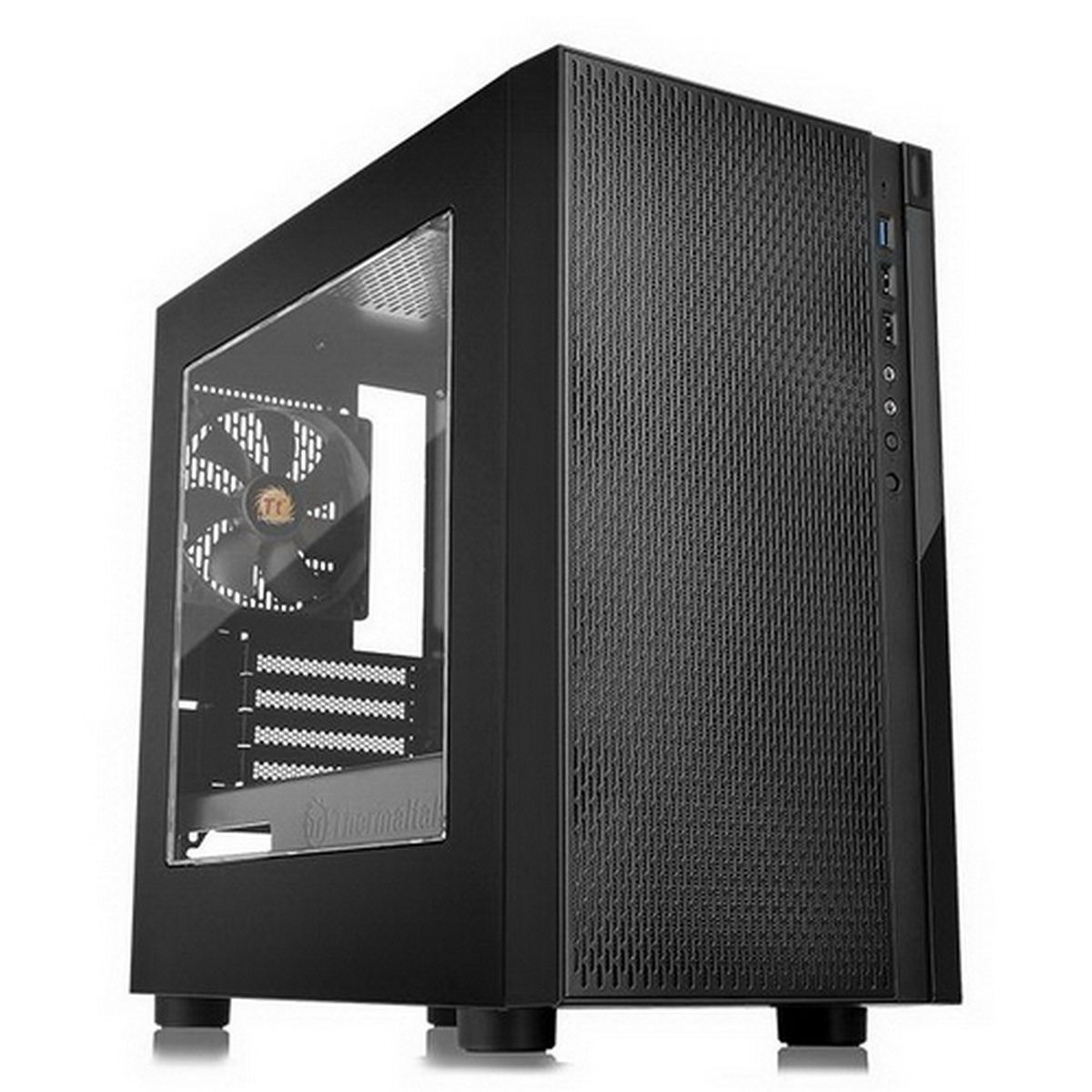 Thermaltake Versa H18 с открытой боковой панелью — вид на акриловое окно и внутреннее пространство