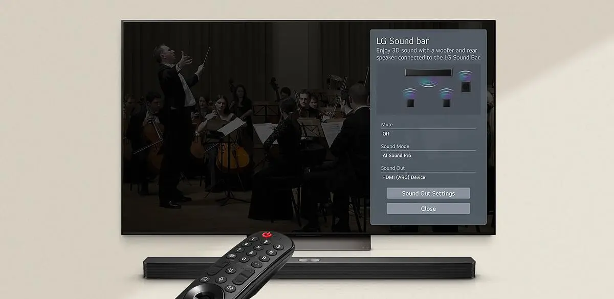 LG S60TR подключен к телевизору WOW-интерфейс управления Sound Mode AI Sound Pro пульт рядом