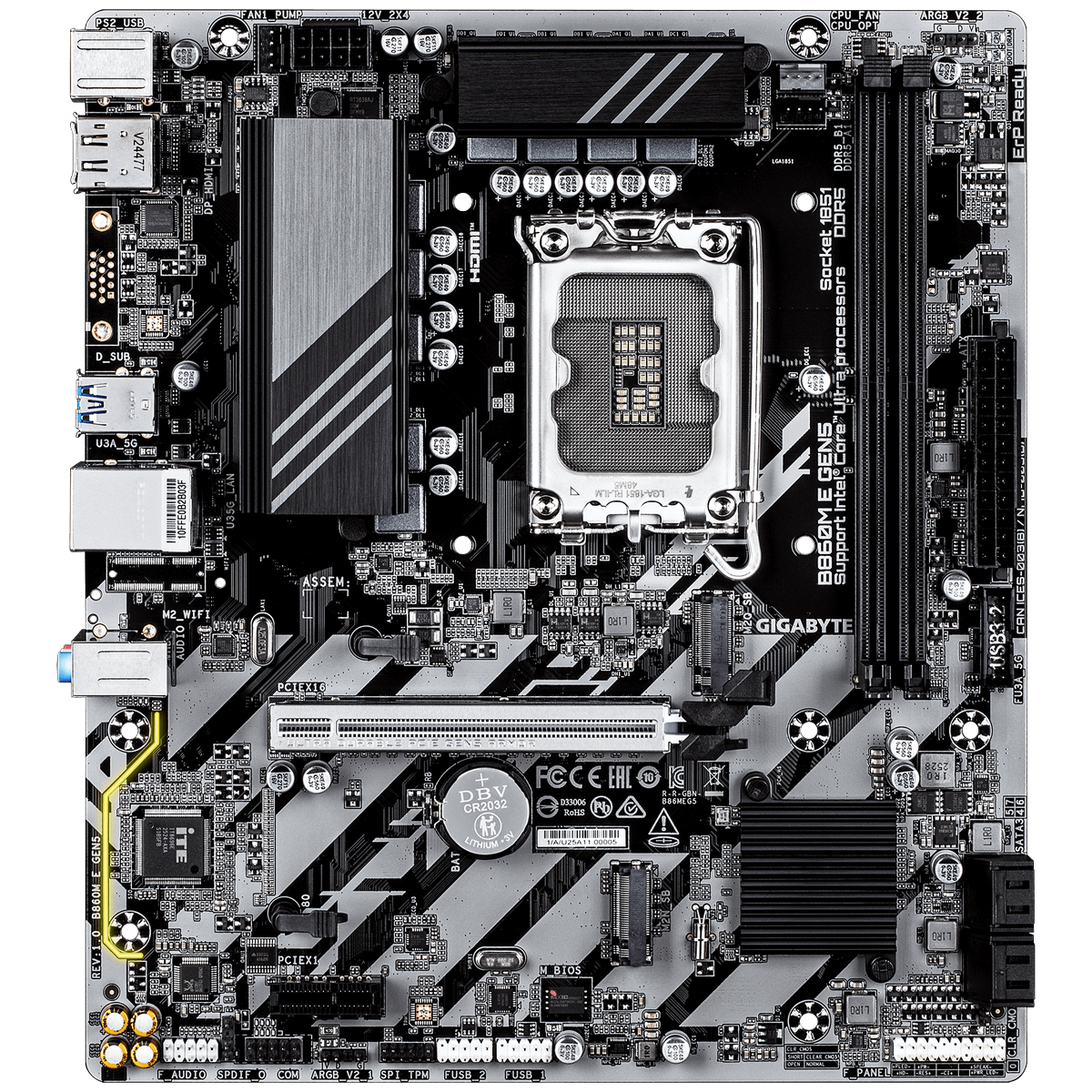 GIGABYTE B860M E GEN5 вид сверху — разъёмы питания, SATA, PCIe 5.0, слоты M.2