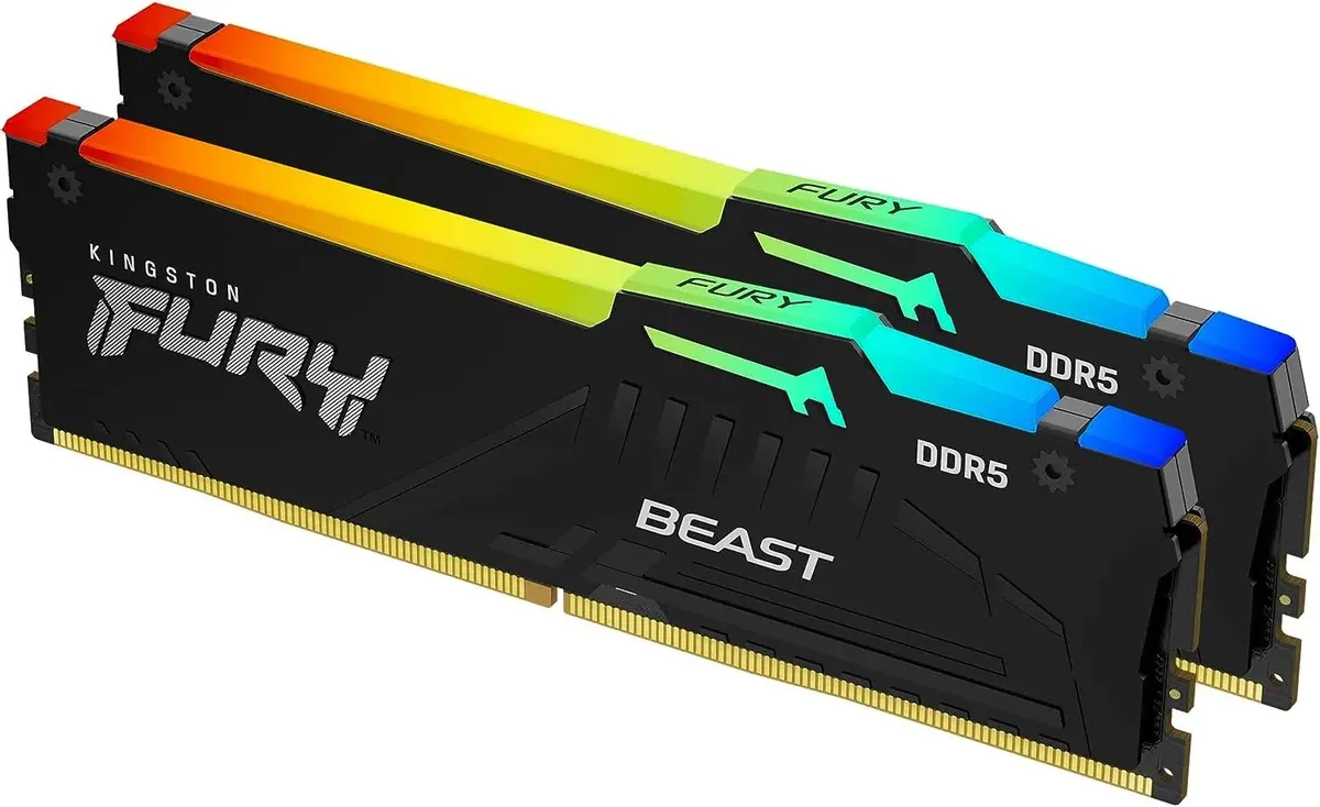 Kingston FURY Beast DDR5 KF564C32BBEAK2-32 два модуля с RGB подсветкой угловой вид
